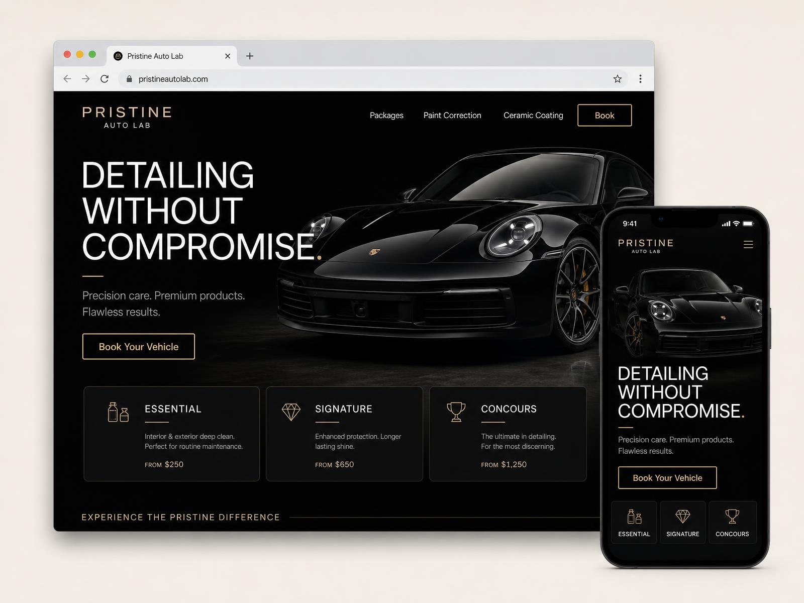Concept project: dark luxury desktop and mobile website design for an automotive detailing studio
